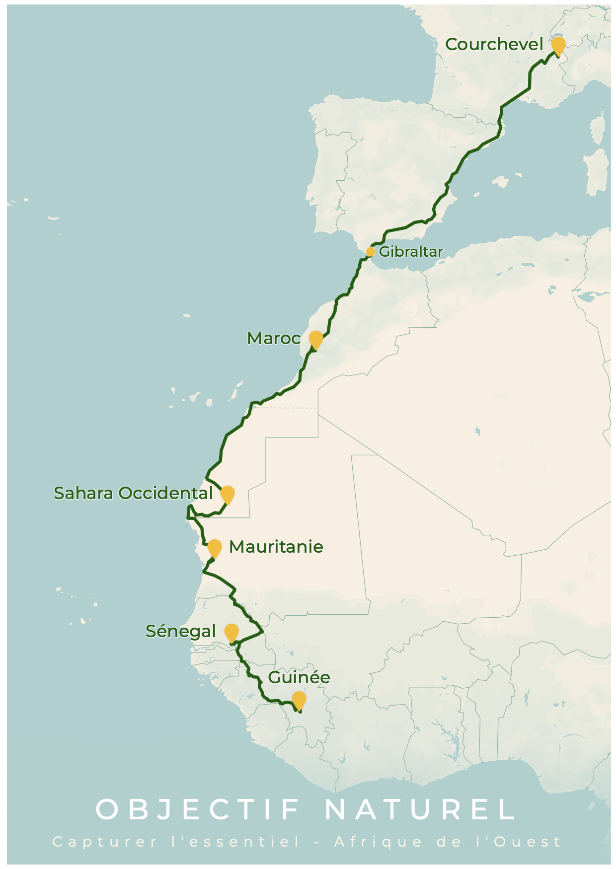 Map of the route: from Courchevel in Savoie down through Spain, crossing at Gibraltar, then Morocco, Western Sahara, Mauritania and Senegal, down to Guinea.